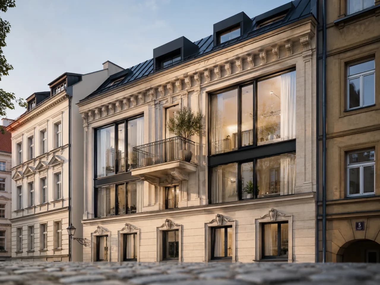 Reštaurovaný mestský dom v historickom centre s veľkými oknami a balkónom