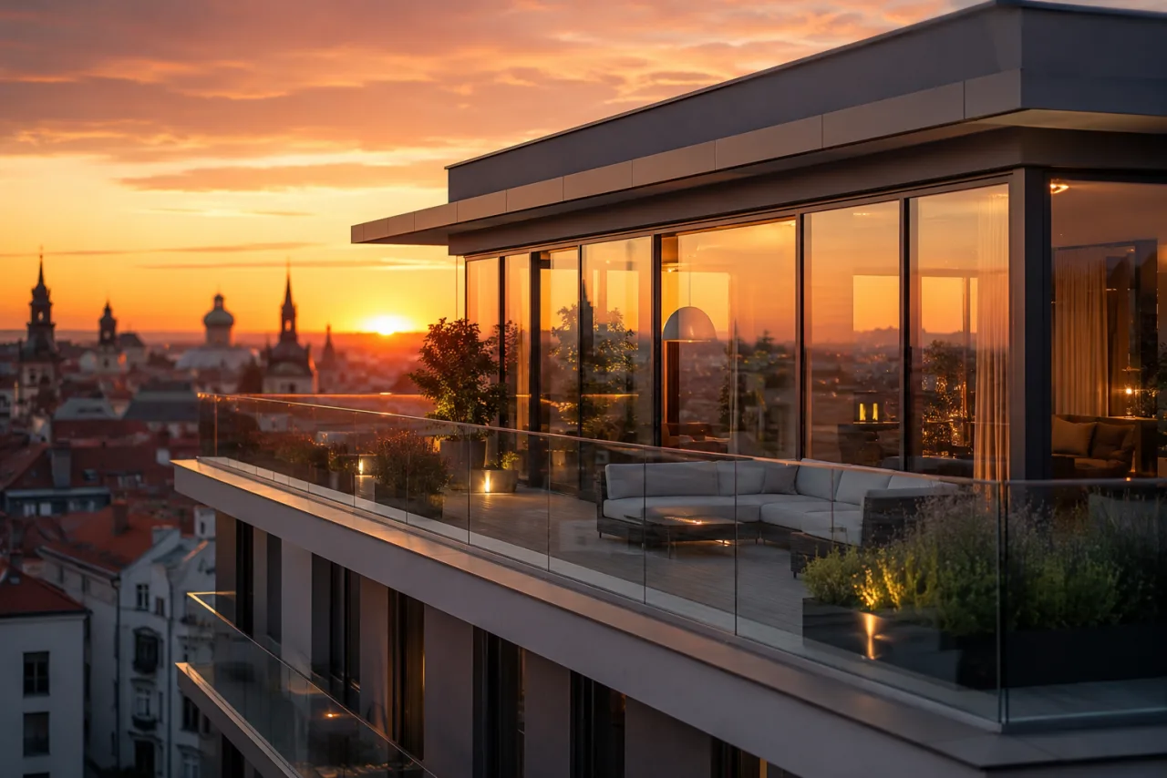 Luxusný penthouse s terasou a výhľadom na mesto pri západe slnka