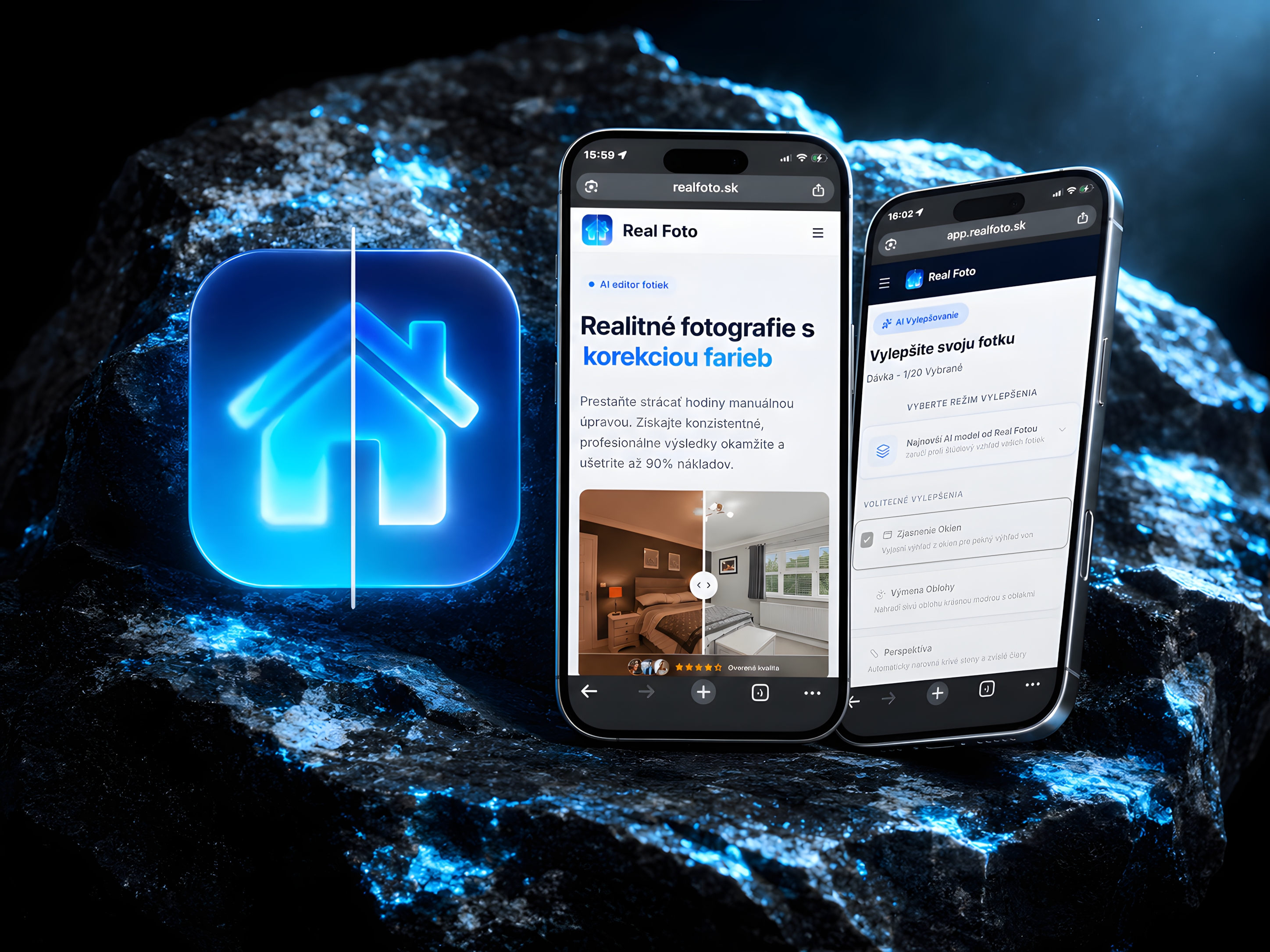 RealFoto — AI vylepšenie fotiek nehnuteľností, mockup webovej aplikácie na iPhone